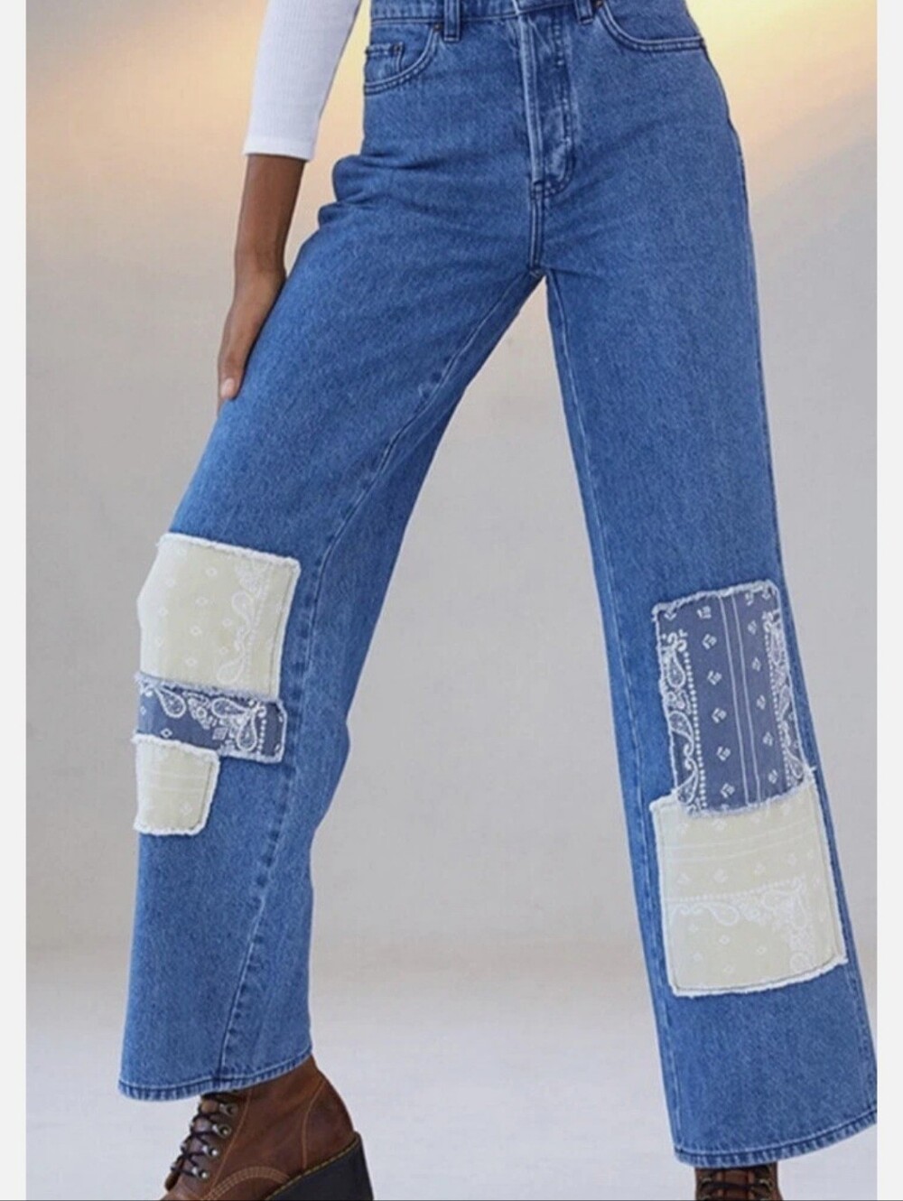 PacSun Wide Leg High-Rise Jeans with Cream & Navy Patchwork
